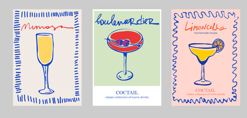 Set of Printable Cocktail Posters &ndash; Ink Style Illustrations of Classic Drinks: Daiquiri, Mojito, Mimosa, Aperol Spritz, and Boulevardier. Vintage Sketch with Typography for Party Decor, Labels, Covers