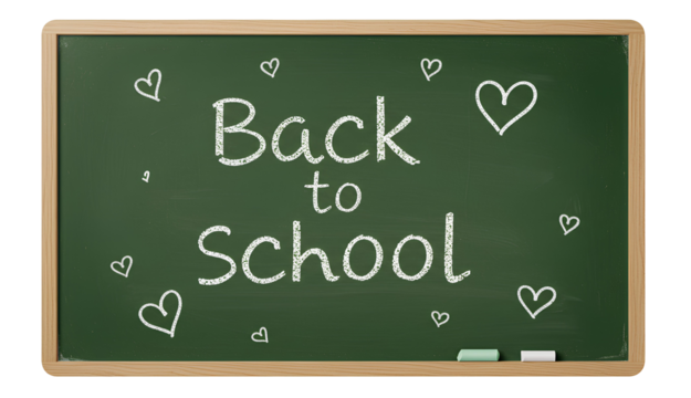 Back to school blackboard PNG. Blackboard with handwritten back to school text for classroom and school concept. Back to school in white chalk on chalkboard top view flat lay PNG - Powered by Adobe