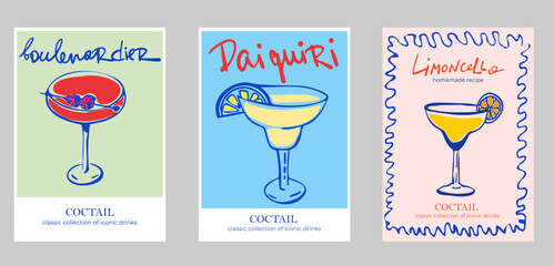 Set of Printable Cocktail Posters &ndash; Ink Style Illustrations of Classic Drinks: Daiquiri, Mojito, Mimosa, Aperol Spritz, and Boulevardier. Vintage Sketch with Typography for Party Decor, Labels, Covers