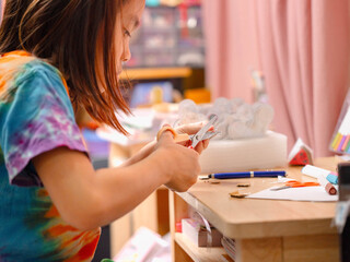 Two elementary school girls are studying at their desks at home. Two cute schoolgirls are diligently doing their homework.