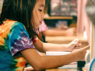 Two elementary school girls are studying at their desks at home. Two cute schoolgirls are...