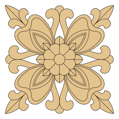 An elegant symmetrical wood carving style motif displays a beautiful central flower design.