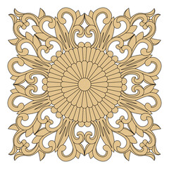 Ornate carved wood medallion shows intricate symmetric floral and leaf design.