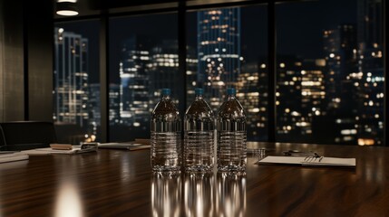Meeting Room at Night with City View, Water Bottles
