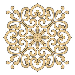 A symmetrical abstract design presents an elegant central flower and decorative swirls.
