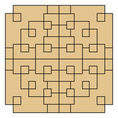 This geometric pattern features interconnected black lines and beige squares.