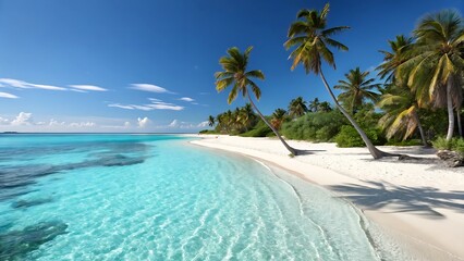 Palm trees on white sand beach crystal clear turquoise ocean water tropical beach