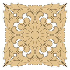 Symmetrical square floral design with elegant swirling botanical elements and a central blossom.
