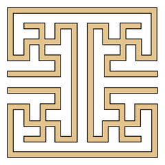An intricate symmetrical gold and black geometric pattern creates an abstract design.