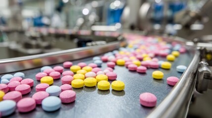 Colorful tablets on production line in pharmaceutical lab showcasing medical manufacturing processes and modern technology