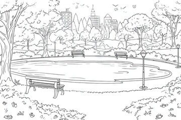 Black and white park scene with pond and city skyline.