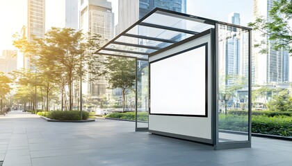 Modern glass bus shelter with large blank billboard display. Urban city street scene with bus stop structure, clear sky, and buildings in background
