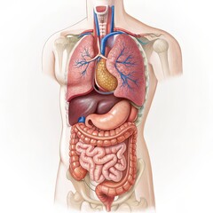 Anatomical Illustration of the Human Torso: A detailed, artistic rendering of the human torso, showcasing the intricate network of vital organs and systems within.