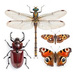 Insect Showcase: An array of meticulously depicted insects, including a dragonfly, two butterflies, and a beetle, are showcased against a clean background.