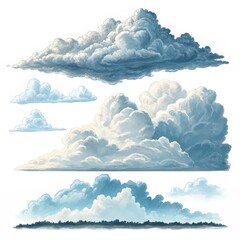 Cloud Illustrations: An artistic representation of diverse cloud formations, rendered with meticulous detail, showcasing a range of shapes, textures, and hues of the sky.
