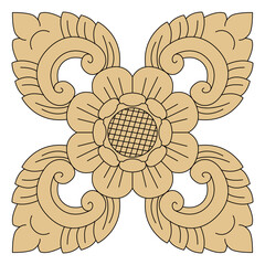 Decorative floral motif shows a symmetrical bloom surrounded by elegant leaf swirls.