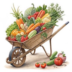 Wheelbarrow of Harvest: A vibrant array of fresh, organic vegetables overflows from a rustic wheelbarrow, celebrating the bounty of the garden.
