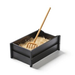 Garden Tools: A neatly arranged wooden crate holds a light-colored garden rake, nestling in a bed of fine wood shavings, conveying a sense of readiness. 