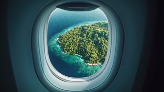 Fototapeta Aerial view of a lush tropical island seen through an airplane window.