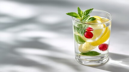 Fototapeta premium glass of sparkling water with lemon, mint and red berries, bright and colorful, white background 