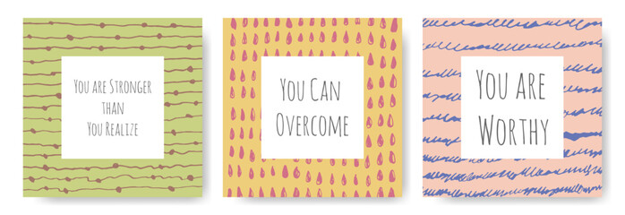 Cute doodles background with inspiration and motivation quotes. Success phrases for planners and journals. Layout templates for social media posts, stories, mobile apps, websites.