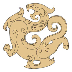 Ancient mythical beast illustration with intricate swirling patterns in a dynamic roaring pose.