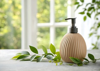 Ribbed oval pump bottle with dark dispenser and green leaves image