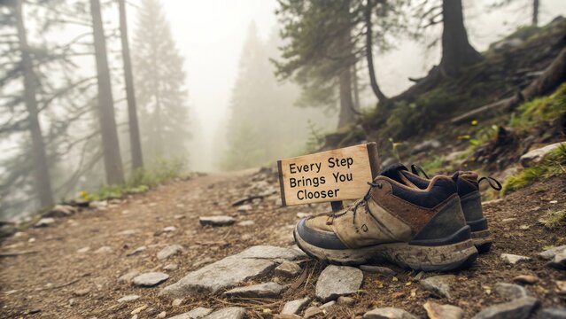 Hiking Boot on Trail with Motivational Sign in Misty Forest
