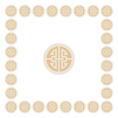Golden longevity symbols create a decorative frame around a central ancient design.