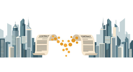 Fototapeta premium Two cityscapes are connected by two contracts from which golden coins spill, symbolizing a financial transaction or successful business deal between two urban centers.