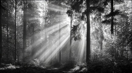Sunbeams pierce a misty forest (1)