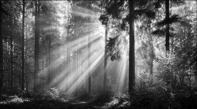 Sunbeams pierce a misty forest (1)