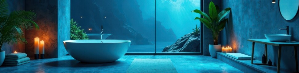 Fototapeta premium Deep ocean blue bath, artistic accents, calming ambiance, objects, bath accessories, texture
