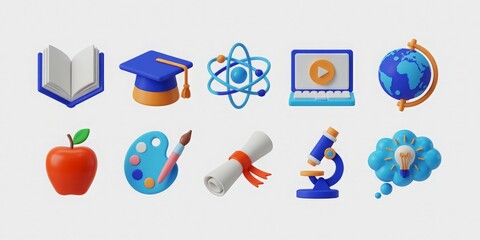 Set of 10 3D education and science icons on a white background, ideal for school websites, e-learning platforms, and educational materials