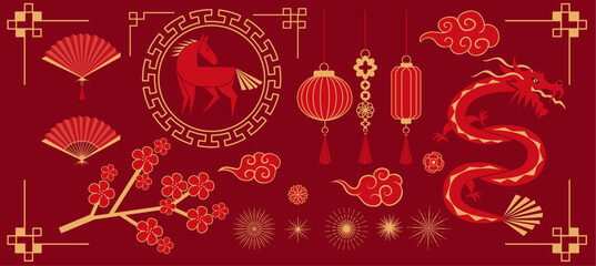 Chinese traditional new year elements set, patterns, flowers, lanterns, clouds, horse and dragon. Collection of asian oriental elements to holiday cards, posters and banners