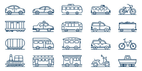 Modern Transportation Outline Icon Collection – Cars, Buses, Trains, Planes, Boats & Specialty Vehicles

