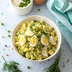 top view delicious egg salad on light background