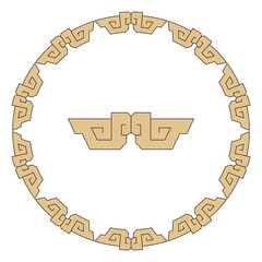 An elegant circular geometric pattern forms a decorative frame with an internal motif.