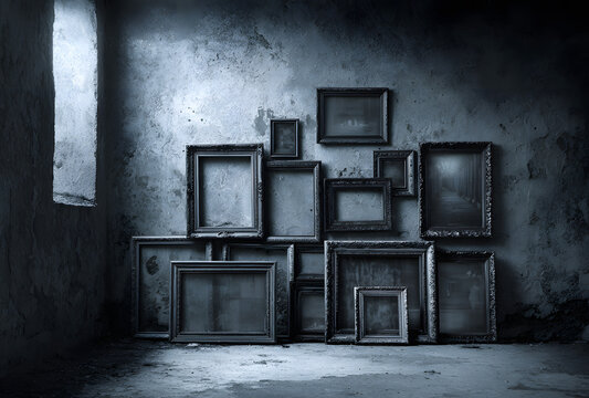 Scary horror haunted black picture frames on grunge dirty abandoned house wall.
