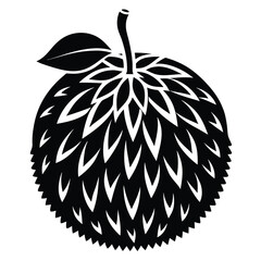Black Silhouette Illustration of a Durian Fruit with Leaf and Stem Design