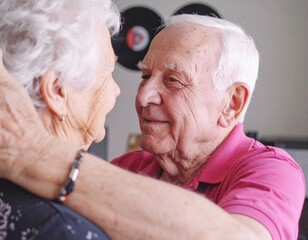 A shot of an elderly couple slow-dancing in their living room, lit by the soft glow of a record player.
