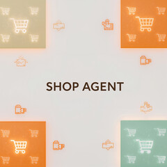 Minimalist flat-lay with glowing shopping tiles, barcodes, and delivery routes. “SHOP AGENT” centered, disrupted by product grids and smart icons. White background with saffron-orange and teal.