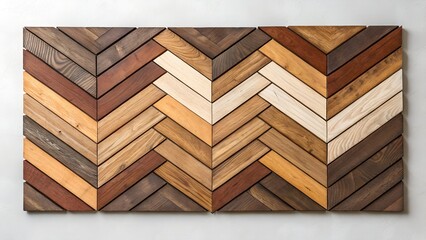 wood mosaic wall art made of different stained wood pieces in a chevron layout