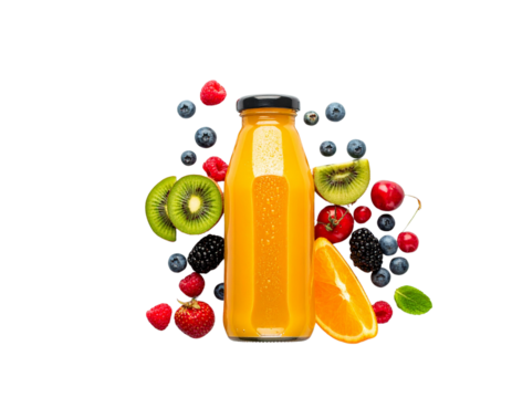 Glass bottle with organic cold-pressed juice and eco label, isolated on a transparent background - Powered by Adobe