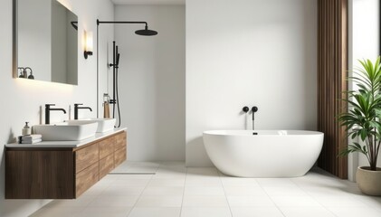 Modern minimalist bathroom, sleek fixtures, white tile, faucet, tile