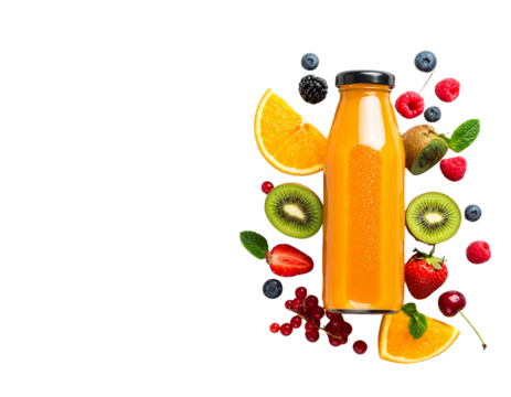 Glass bottle with organic cold-pressed juice and eco label, isolated on a transparent background