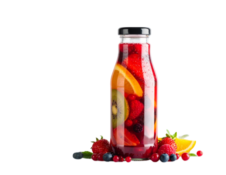Glass bottle with organic cold-pressed juice and eco label, isolated on a transparent background - Powered by Adobe