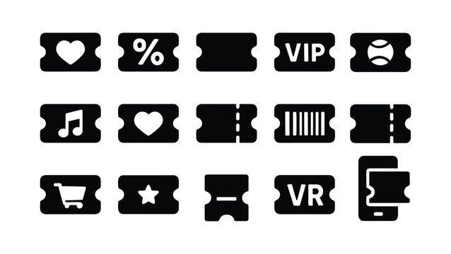 Ticket and Coupon Solid Icon Set Vector, Vouchers, and Event Passes.