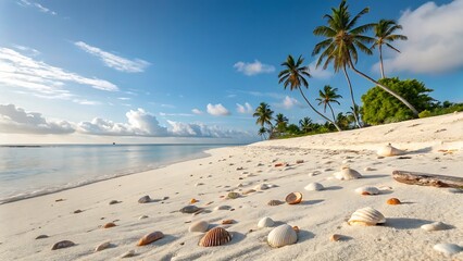 Tranquil tropical island beach with scattered seashells and palm trees ocean