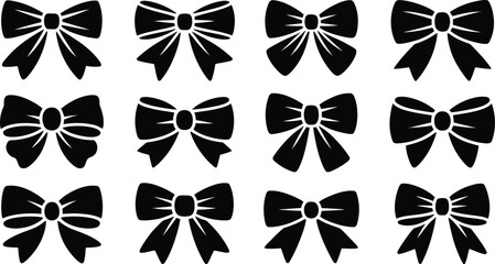 Collection of twelve black decorative bows on a white background